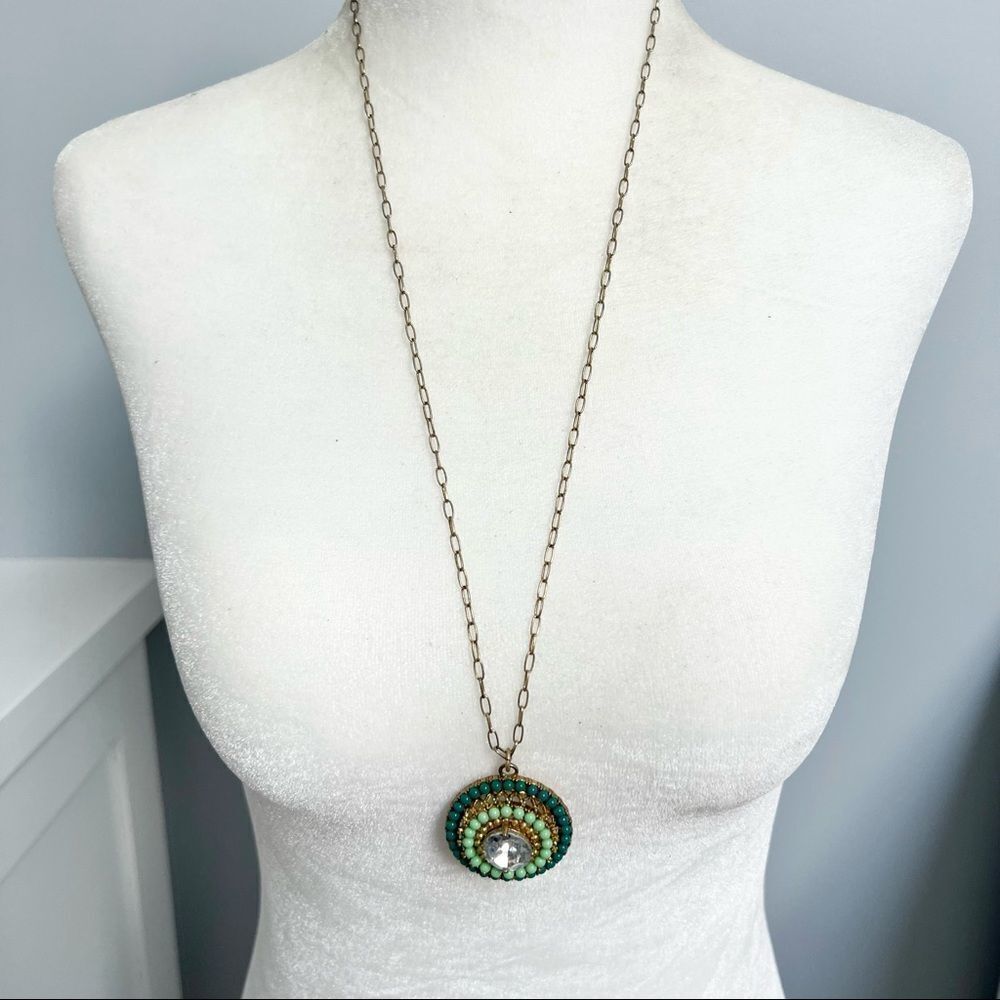 J Crew Jewel and Beaded Gold Tone Medallion Long Pendant Necklace